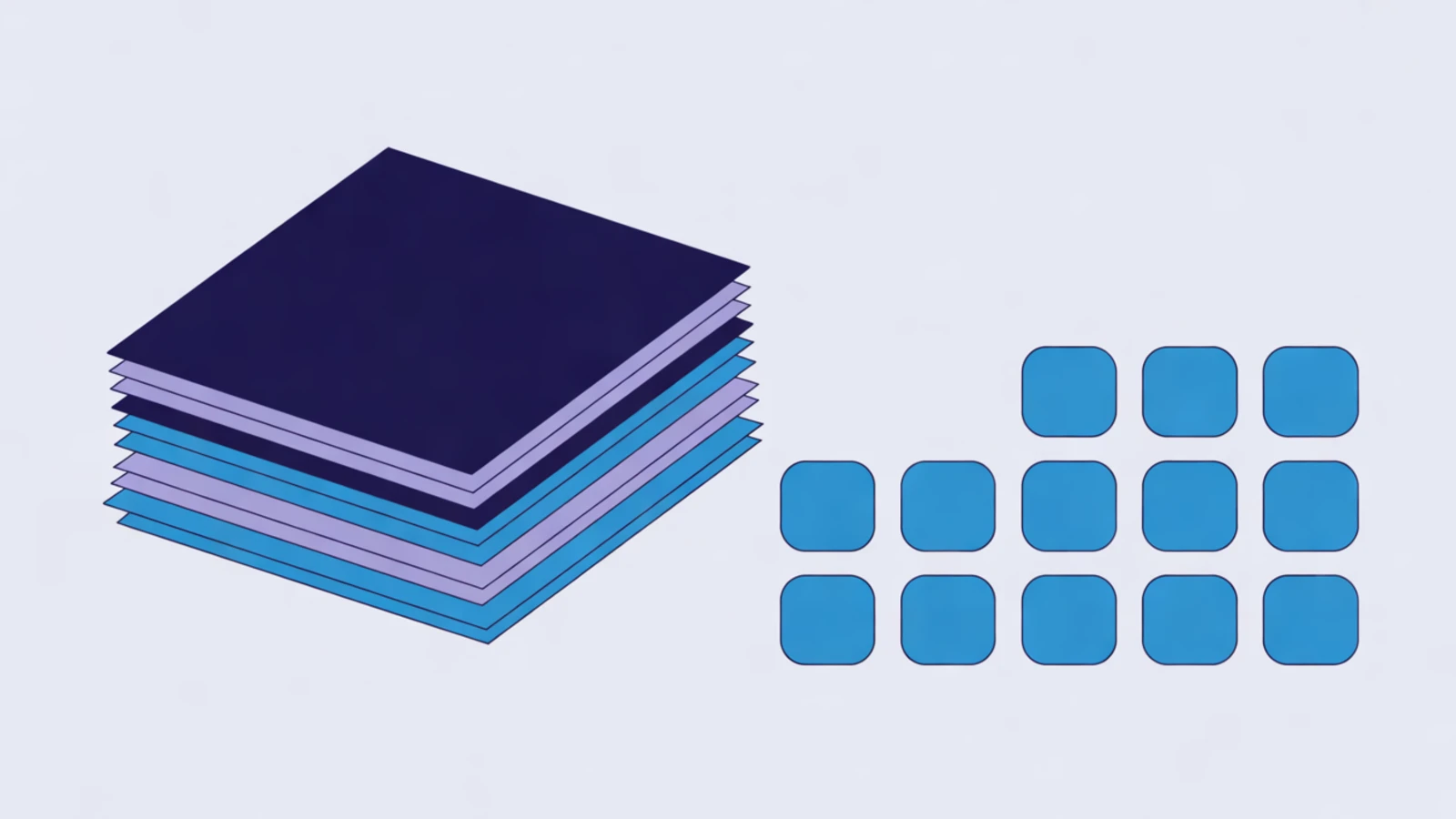 A stack of navy, lavender and cyan ledger sheets on the left sits beside a stepped grid of uniform cyan cards on the right, picturing billing and payment data moving one way from an accounting system into a CRM.