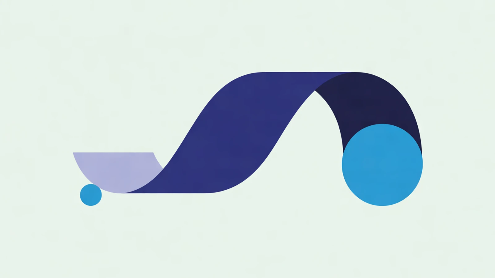 A navy ribbon rises from a small cyan circle on the left and curls down over a larger cyan circle on the right, picturing a single one-way flow as the fast first step in automation.