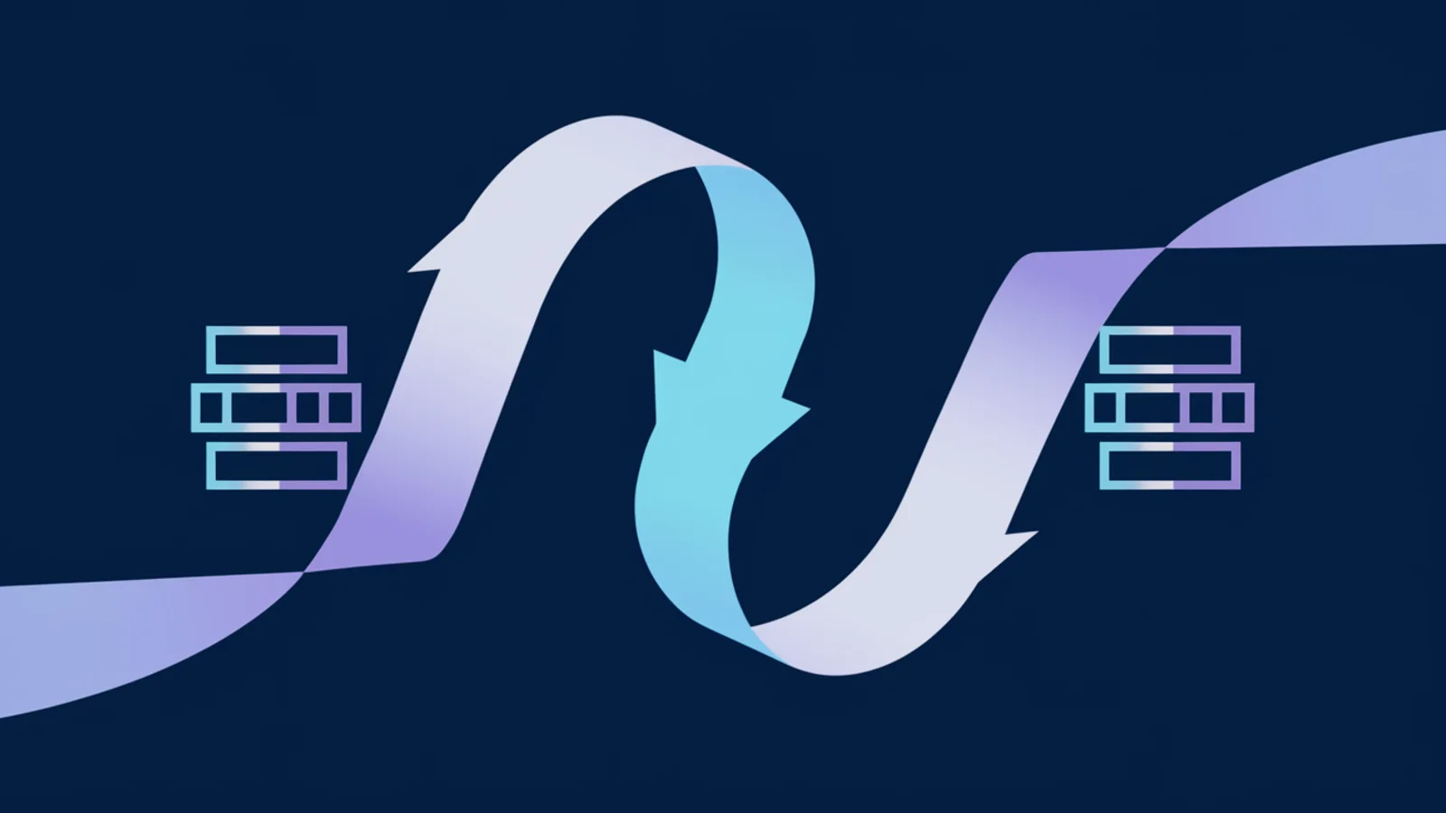 Two system icons on either side are joined by a continuous looping ribbon of arrows flowing in both directions, picturing a full two-way loop from quote to cash and back.