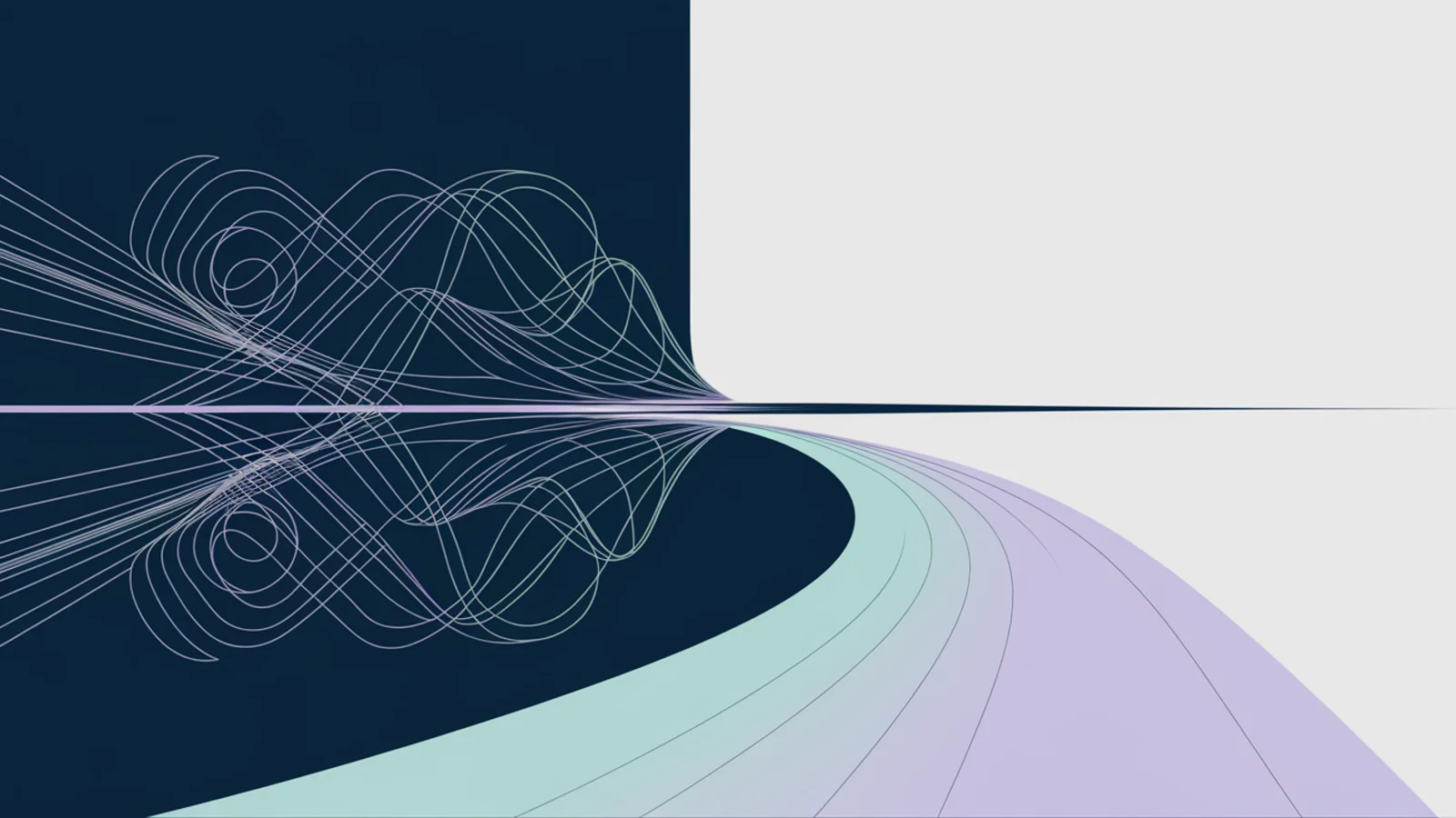 A dense tangled knot of lines on one side sits beside a single smooth clean curved path on the other, picturing the cost of a traditional integration against a managed one.