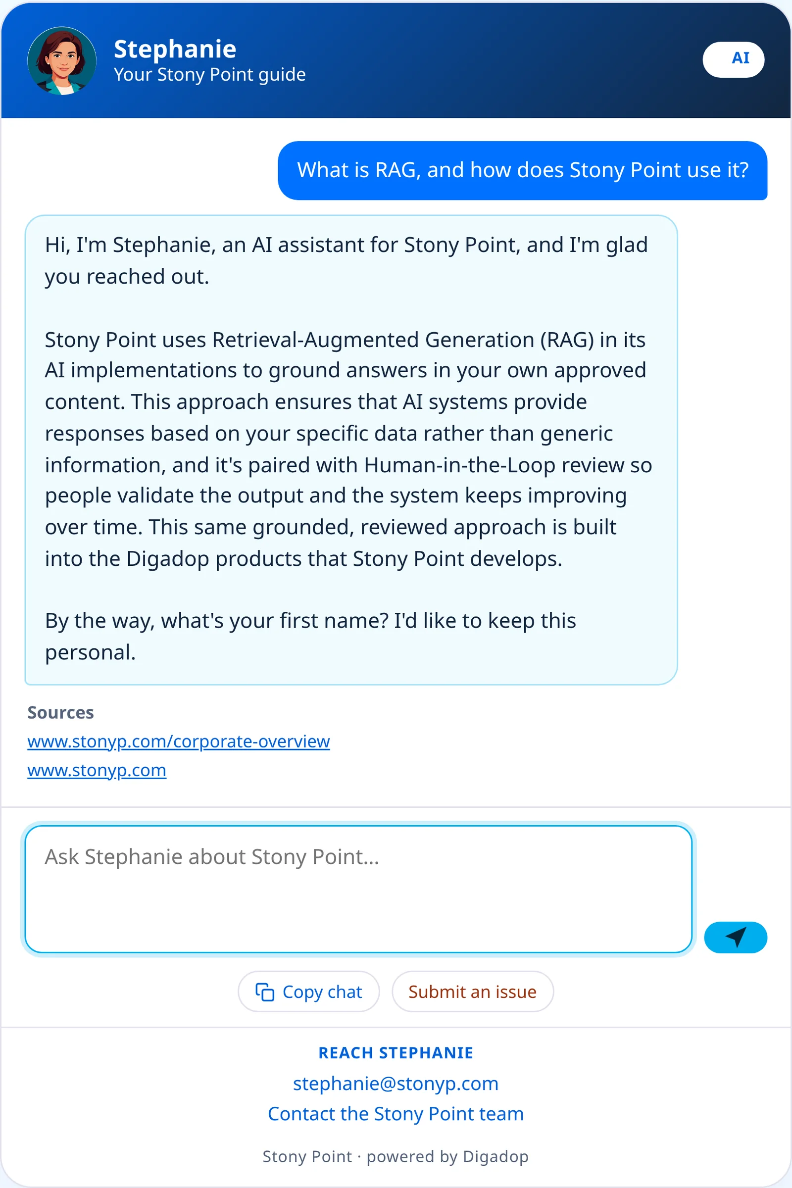 Stephanie, the Stony Point guide, answers the question of what RAG is and how Stony Point uses it, with source links under her reply.