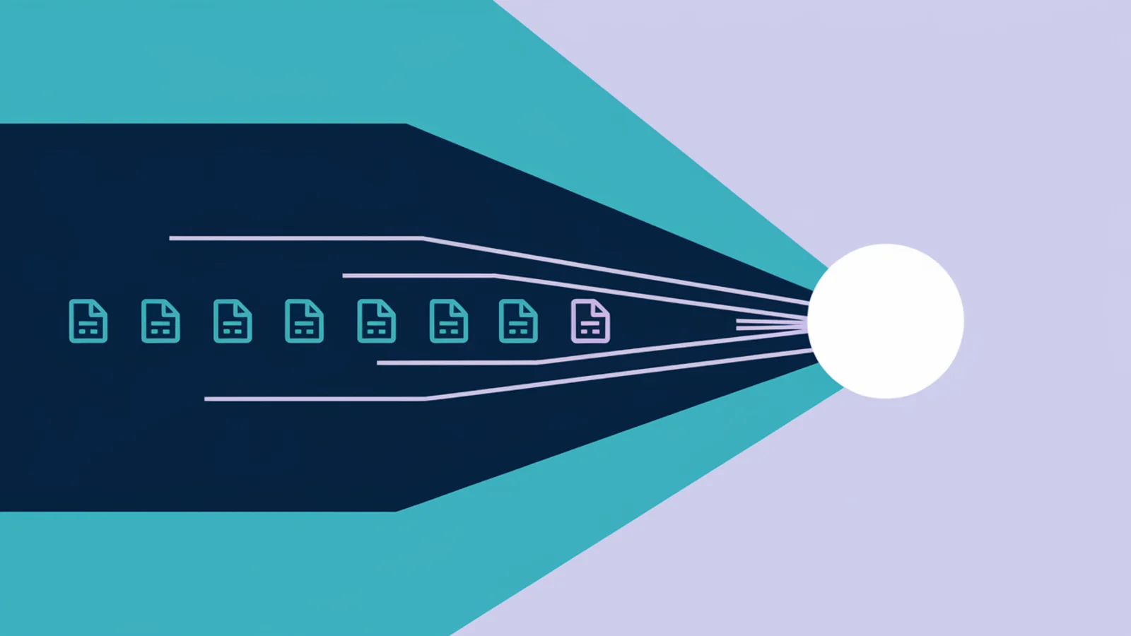 A row of small document icons on one side drift inward and converge into a single glowing rounded node, picturing many sources feeding one grounded answer.